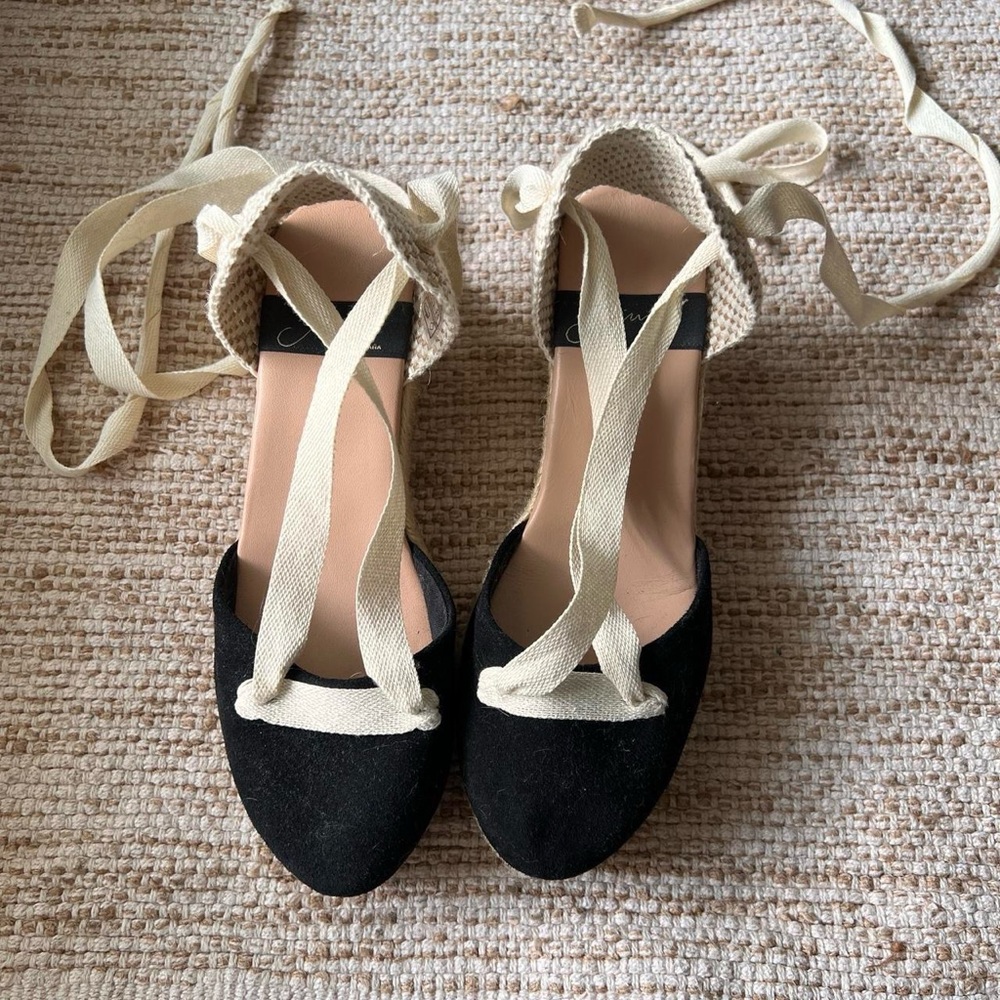 Black and Cream Espadrille Wedge Sandals - Picture 2 of 6